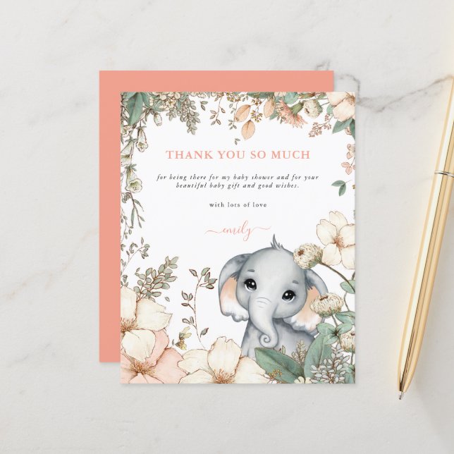 Budget Elephant Floral Coral Baby shower Merci (Devant/Arrière en situation)