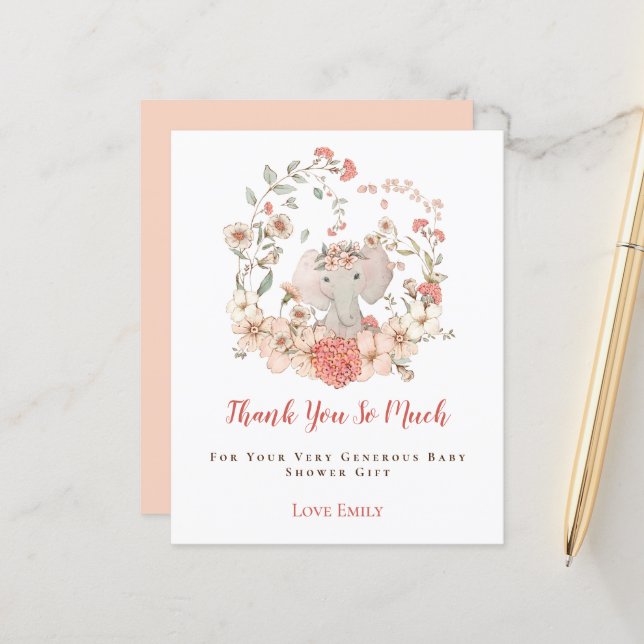 Budget Eléphant Floral Pêche Baby shower Merci (Devant/Arrière en situation)