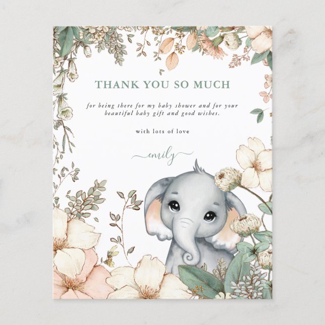 Budget Eléphant Floral Sage Baby shower Merci (Devant)