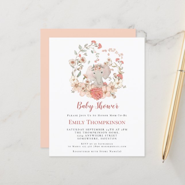 Budget Elephant Foliage Peach Baby shower Invitati (Devant/Arrière en situation)