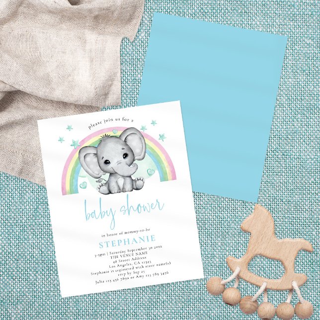 Budget Elephant Rainbow Blue Baby shower Invitatio (Créateur téléchargé)