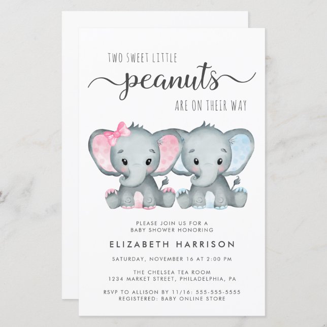 Budget Elephant Twin Boy Girl Baby shower Invitati (Devant / Derrière)
