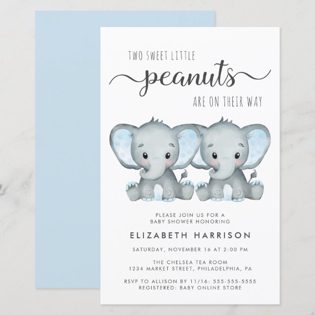 Budget Elephant Twin Boys Baby shower Invitation (Devant / Derrière)