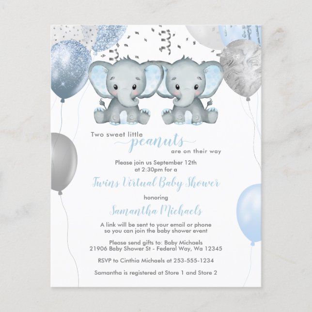 Budget Elephant Twin Boys Baby shower virtuel (Devant)