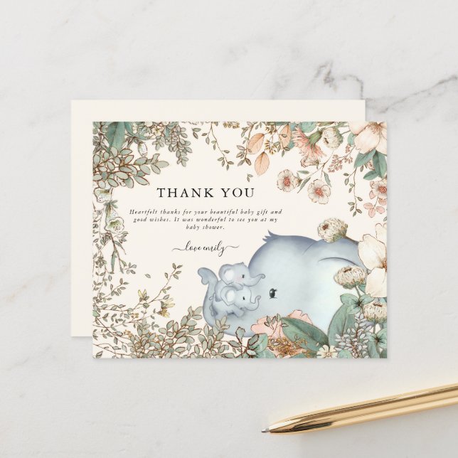 Budget Elephant Twins Cream Baby shower Merci (Devant/Arrière en situation)