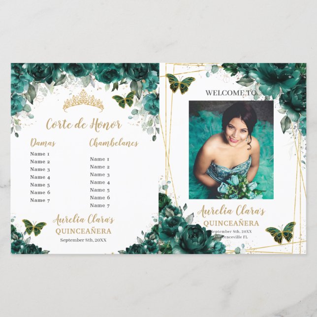 Budget Emerald Floral Quinceanera Programmes photo (Devant)