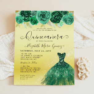 Budget Emerald Gold Robe Florale Quinceanera