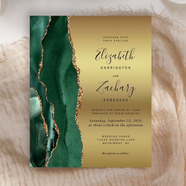 Budget Emerald Green Agate Gold Wedding Invitation (Créateur téléchargé)