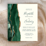 Budget Emerald Green Agate Ivory Wedding Invitatio<br><div class="desc">Le bord gauche de cette élégante faire-part de mariage moderne est orné d'une bordure en aquarelle vert émeraude, recouverte d'une parties scintillant en faux or. Le texte personnalisable combine des polices de script, de cuivre et d'italique en vert émeraude sur un arrière - plan en ivoire. L'envers est assorti d'une...</div>