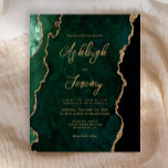 Budget Emerald Green Agate Script Wedding Invitati<br><div class="desc">Cette élégante invitation de mariage présente une image arrière - plan d'agate d'aquarelle vert émeraude parée de parties scintillant en faux or. Le texte personnalisable combine écriture manuscrite moderne couleur or,  cuivre et polices italiques. L'envers présente un design coordonné vert émeraude et or agate.</div>