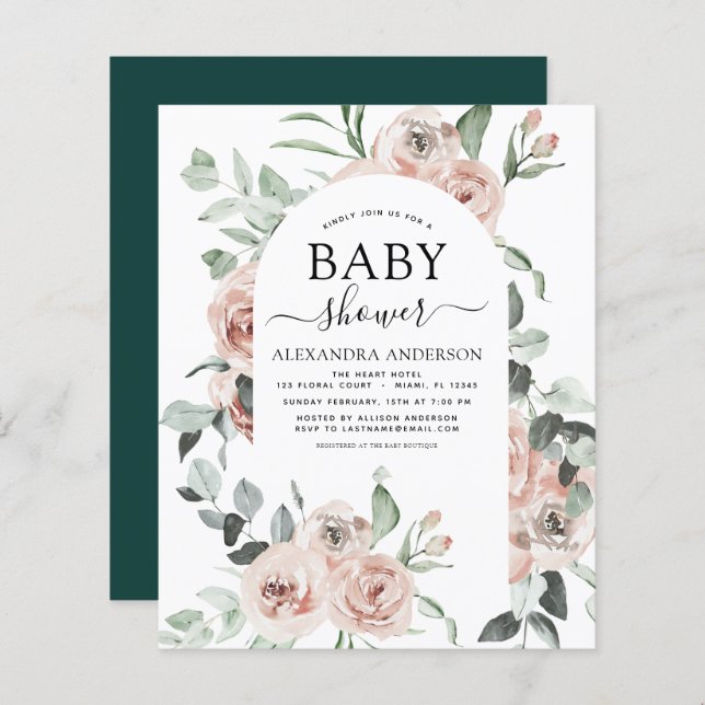 Budget Emerald Green Baby shower Floral Invitation (Devant / Derrière)