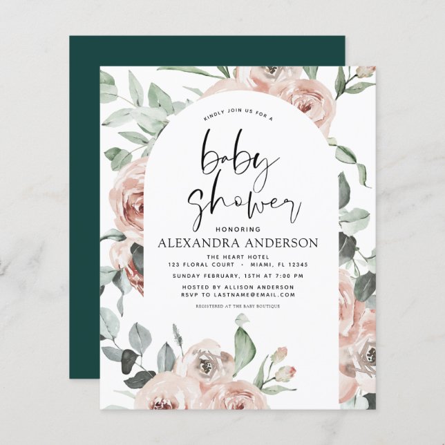 Budget Emerald Green Baby shower Floral Invitation (Devant / Derrière)