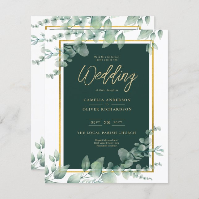 Budget Emerald Green Botanical Gold Wedding Invita (Devant / Derrière)