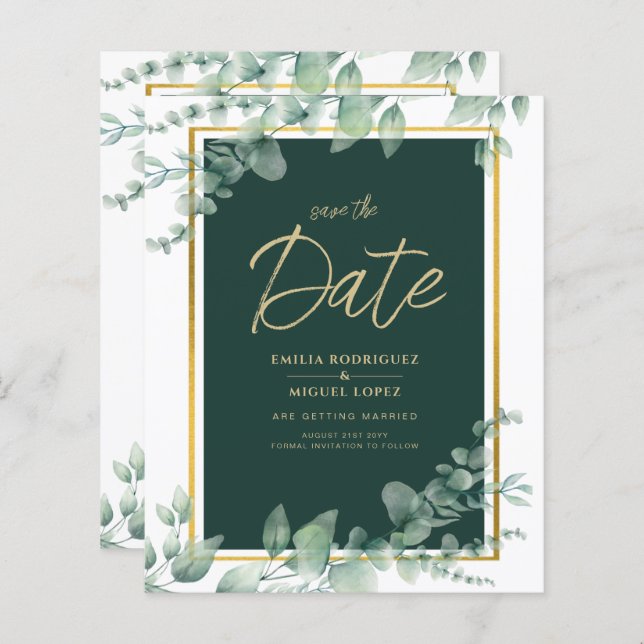 Budget Emerald Green Botanical Gold Wedding Invita (Devant / Derrière)
