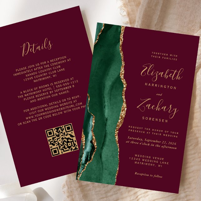 Budget Emerald Green Burgundy QR Code Wedding (Créateur téléchargé)