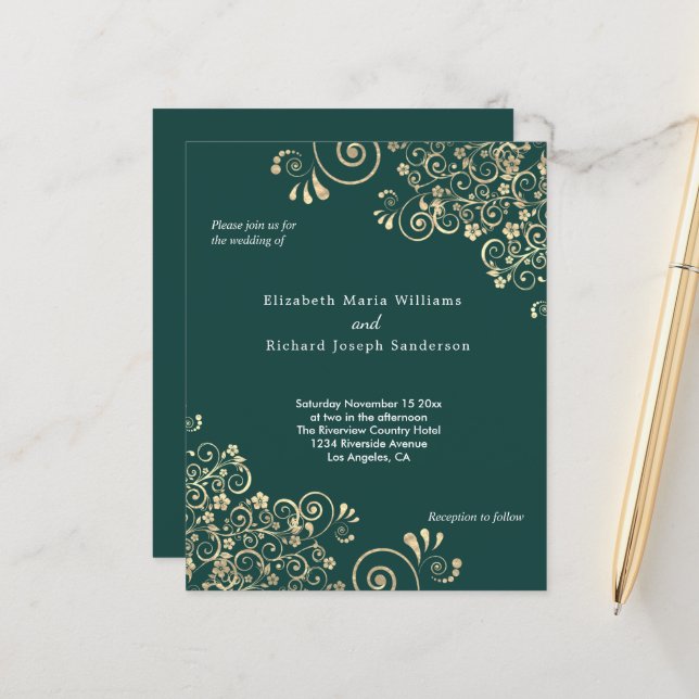 Budget Emerald Green Faire-part de mariage Gold (Devant/Arrière en situation)