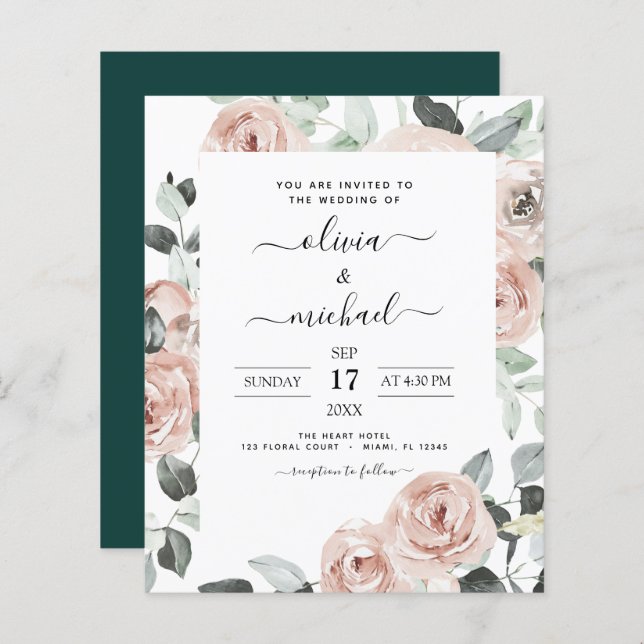 Budget Emerald Green Floral Faire-part de mariage (Devant / Derrière)