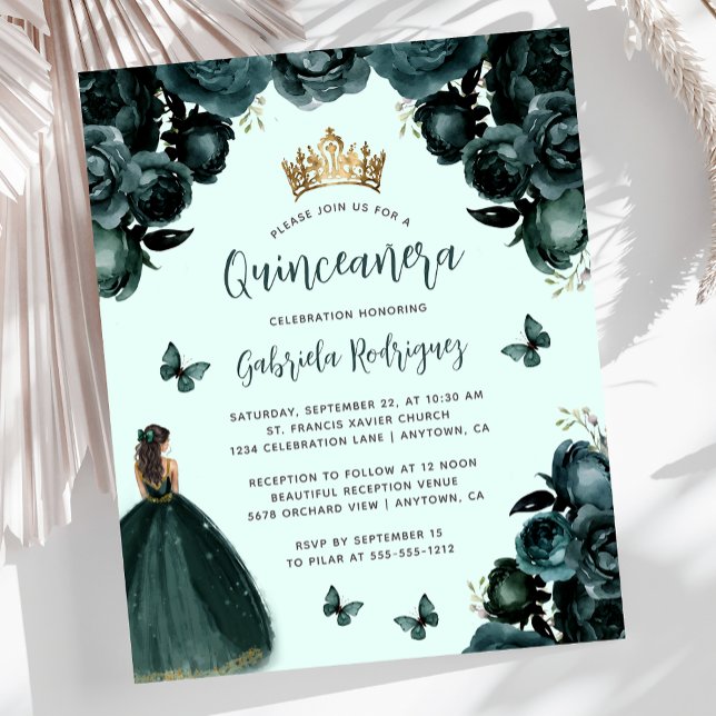 Budget Emerald Green Floral Quinceañera Invitation (Créateur téléchargé)