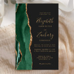 Budget Emerald Green Gold Agate Dark Mariage<br><div class="desc">Le bord gauche de cette élégante faire-part de mariage moderne est orné d'une bordure en aquarelle vert émeraude, recouverte d'une parties scintillant en faux or. Le texte personnalisable combine écriture manuscrite couleur or, cuivre et polices italiques sur un arrière - plan non noir. L'envers est assorti d'une agate vert émeraude...</div>