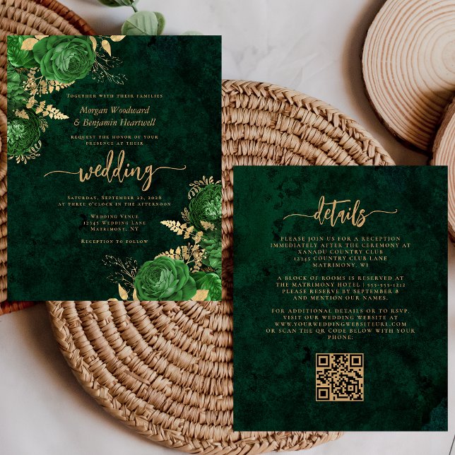 Budget Emerald Green Gold Floral QR Code Mariage (Créateur téléchargé)