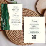 Budget Emerald Green Gold Ivory QR Code Mariage<br><div class="desc">Économisez le coût d'impression et d'envoi de cartes RSVP séparées avec cet élégant faire-part de mariage tout-en-un moderne. Le bord gauche est doté d'une bordure en aquarelle vert émeraude, recouverte d'une fausse parties scintillant dorée. Le texte personnalisable combine écriture manuscrite verte, copperplate et polices italiques sur un arrière - plan...</div>