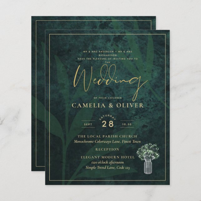 Budget Emerald Green Gold Modern Wedding Invitatio (Devant / Derrière)