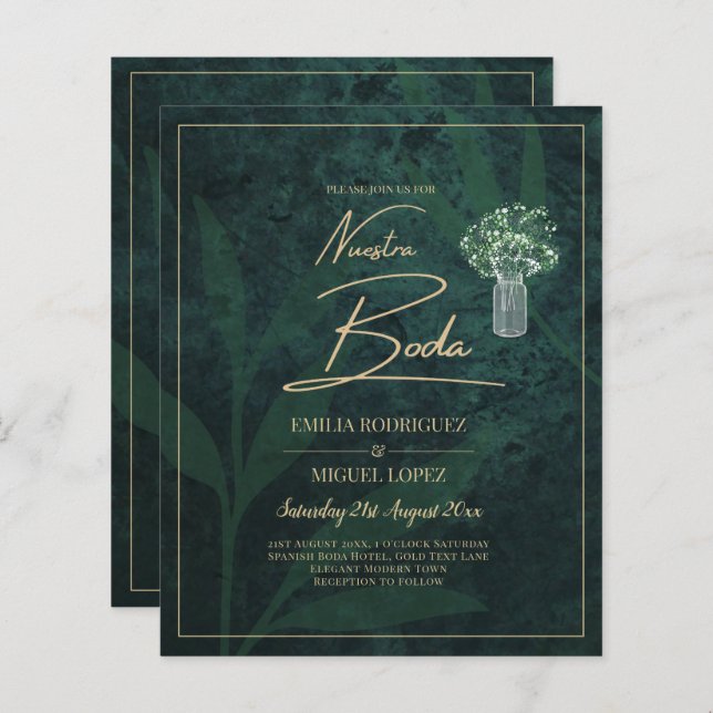 Budget Emerald Green Gold Modern Wedding Invitatio (Devant / Derrière)