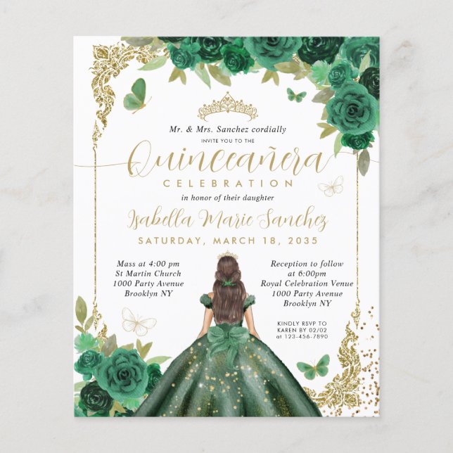 Budget Emerald Green Gold Princess Quinceañera (Devant)