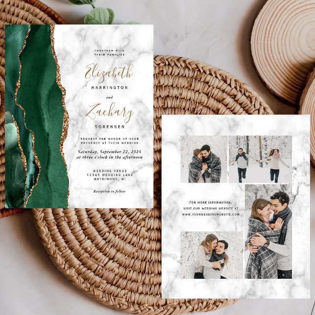 Budget Emerald Green Marble 4-Photo Wedding Invite (Créateur téléchargé)