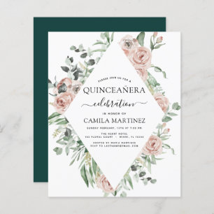 Budget Emerald Green Quinceañera Floral Invitation