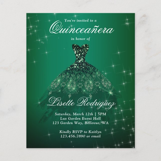 Budget Emerald Green Quinceanera Invitation (Devant)