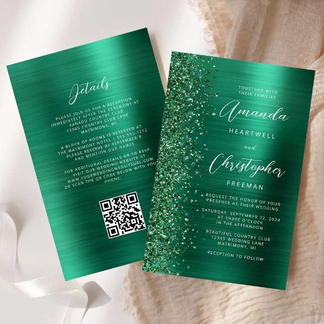 Budget Émeraude Vert Métal Brossé Code QR Mariage (Créateur téléchargé)
