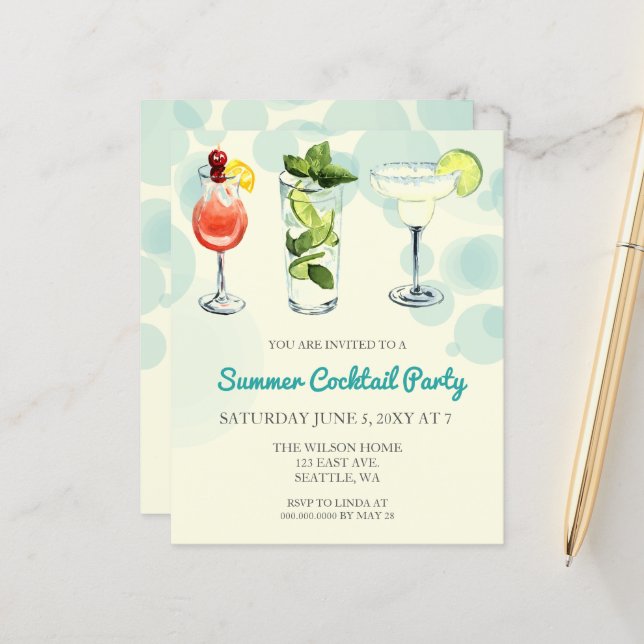 Budget Été Cocktail Invitations (Devant/Arrière en situation)