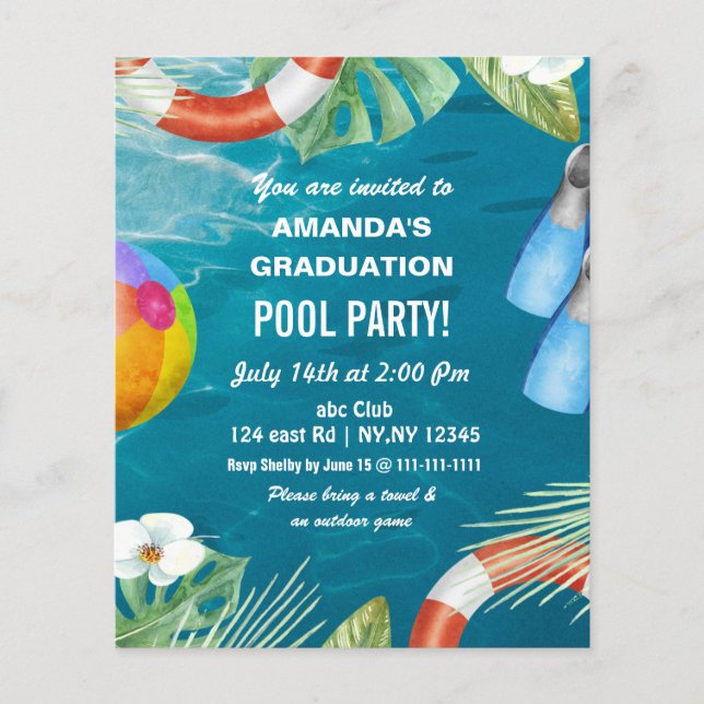 Budget Été Piscine Fête Graduation Invitation (Devant)