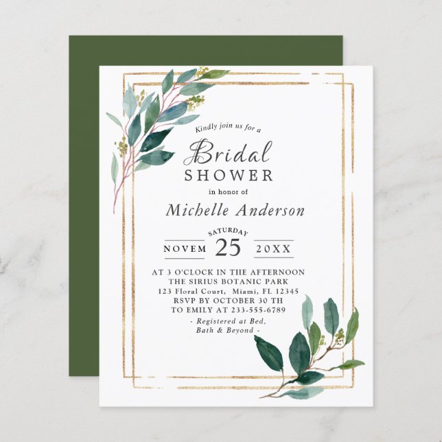 Budget Eucaliptus Gold Bridal Shower Invitation (Devant / Derrière)