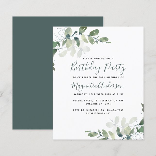 BUDGET Eucalyptus Anniversaire Fête Invitation (Devant / Derrière)