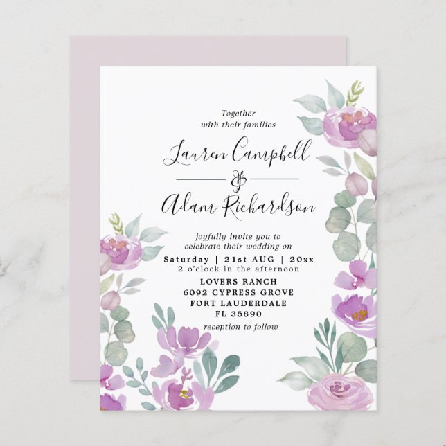 Budget Eucalyptus Aquarelle Pink Mariage Invitatio (Devant / Derrière)