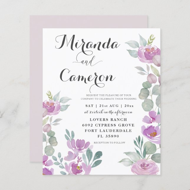Budget Eucalyptus Aquarelle Pink Mariage Invitatio (Devant / Derrière)