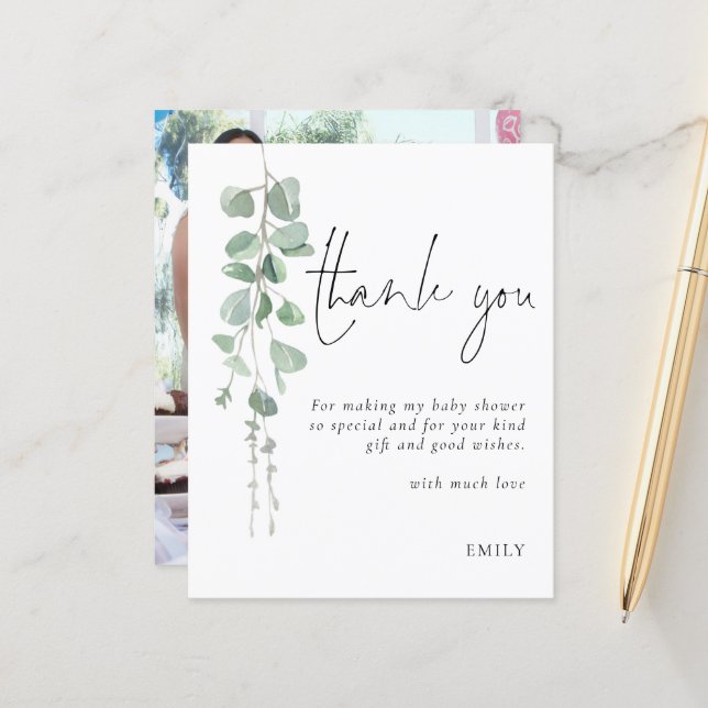 Budget Eucalyptus Baby shower Party photo Merci (Devant/Arrière en situation)