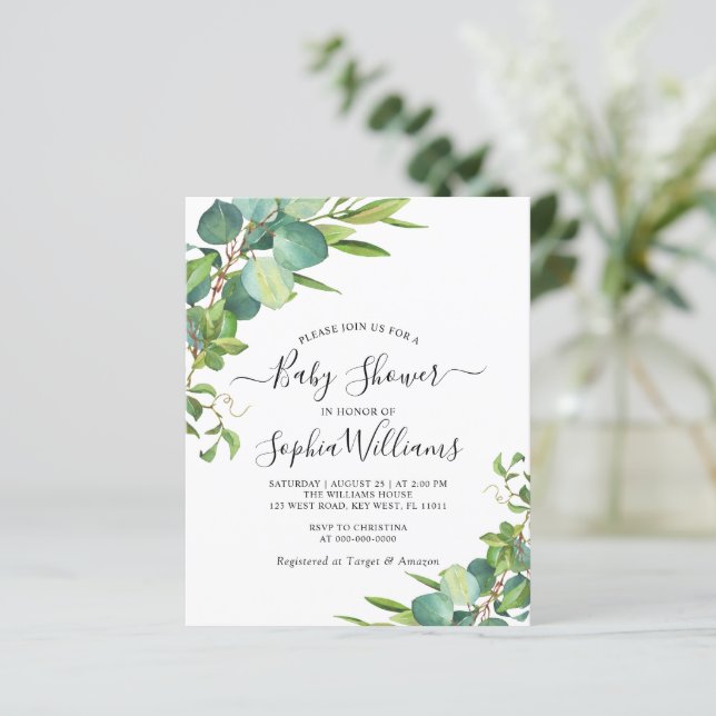 Budget Eucalyptus Baby shower vert Invitation (Debout devant)