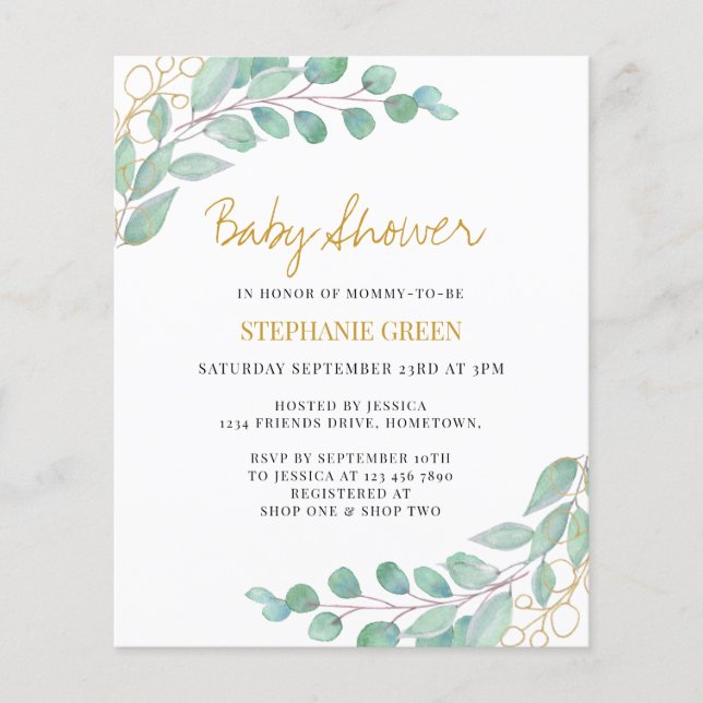 Budget Eucalyptus Baby shower vert Invitation (Devant)