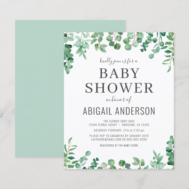 Budget Eucalyptus Baby shower vert Invitation (Devant / Derrière)