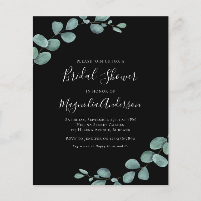 Budget Eucalyptus Black Bridal Shower Invitation (Devant)