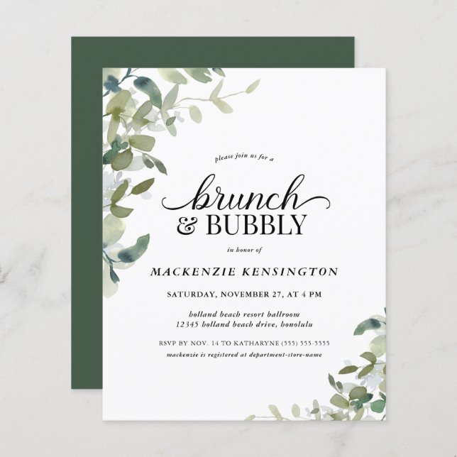 Budget Eucalyptus Brunch Bubbly Invitation (Devant / Derrière)