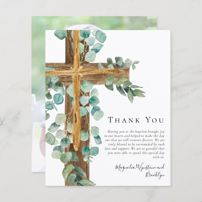Budget Eucalyptus Cross Baptism Carte de remerciem (Devant / Derrière)
