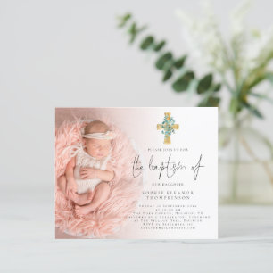Budget Eucalyptus Cross Photo Invitation Baptême