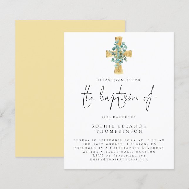 Budget Eucalyptus Cross Script Baptême Invitation (Devant / Derrière)