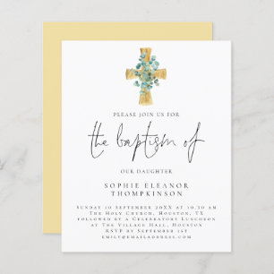 Budget Eucalyptus Cross Script Baptême Invitation