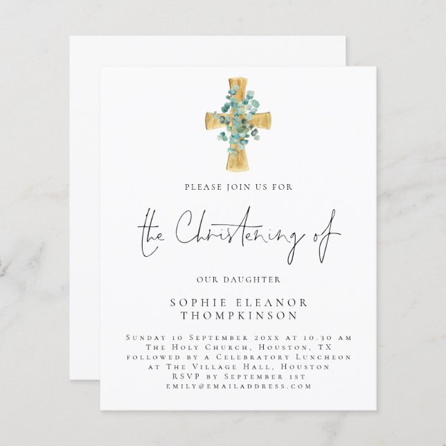 Budget Eucalyptus Cross Script Christening Invitat (Devant / Derrière)