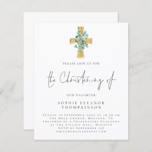 Budget Eucalyptus Cross Script Christening Invitat